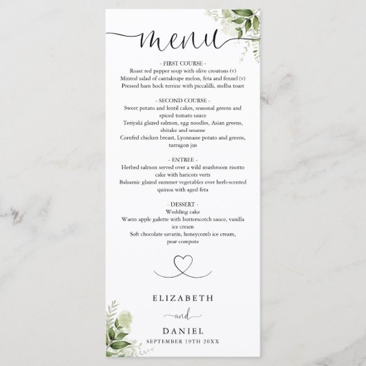 Groene Bloemhart Scriptie Trouwdiner Menu (Voorkant)