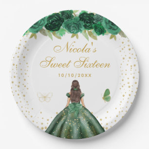 Groene Bloemige Bruine Haar Prinses Sweet Sixteen Papieren Bordje