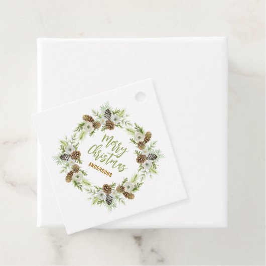 Groene bloemige dennen Kerstkrans Bedankjes Labels (In situ)