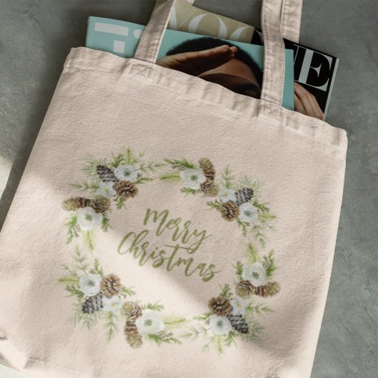 Groene bloemige dennen Kerstkrans Tote Bag