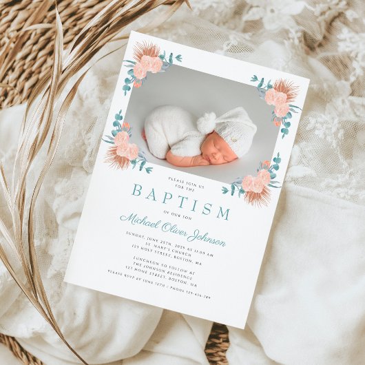 Groene Bloemige Elegante Jongensfoto Doopfeest Kaart