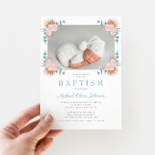 Groene Bloemige Elegante Jongensfoto Doopfeest Kaart