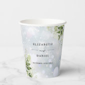Groene Bloemige Elegante Moderne Wintertrouw Papieren Bekers (Achterkant)
