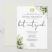 Groene Bloemige Elegante Monogram Bat Mitzvah Kaart (Voorkant / Achterkant)