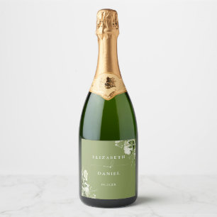 Groene Bloemige Elegante Mos Groen Huwelijk Sparkling Wijnetiket