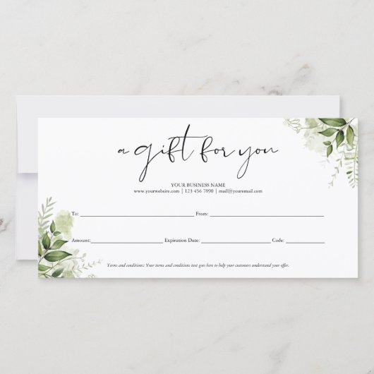 Groene Bloemige Elegante Script Cadeaubon (Voorkant)