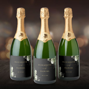 Groene Bloemige Elegante Zwarte En Gouden Bruiloft Sparkling Wijnetiket