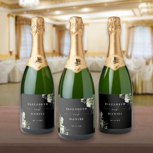 Groene Bloemige Elegante Zwarte En Witte Bruiloft Sparkling Wijnetiket