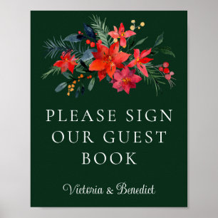 Groene bloemige kerst bruiloft gast boek poster