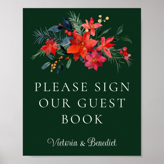 Groene bloemige kerst bruiloft gast boek poster (Voorkant)