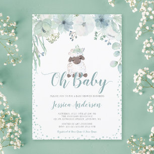 Groene Bloemige Lam Geslacht Neutrale Baby Shower Kaart