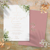 Groene Bloemige Monogram Doop Roze Goud Folie Uitnodiging