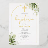 Groene Bloemige Monogram Doopboog Goud Folie Uitnodiging (Voorkant)