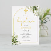 Groene Bloemige Monogram Doopboog Goud Folie Uitnodiging (Staand Voorkant)