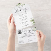 Groene Bloemige Monogram QR Code Trouwen All In One Uitnodiging (Afscheurbaar)