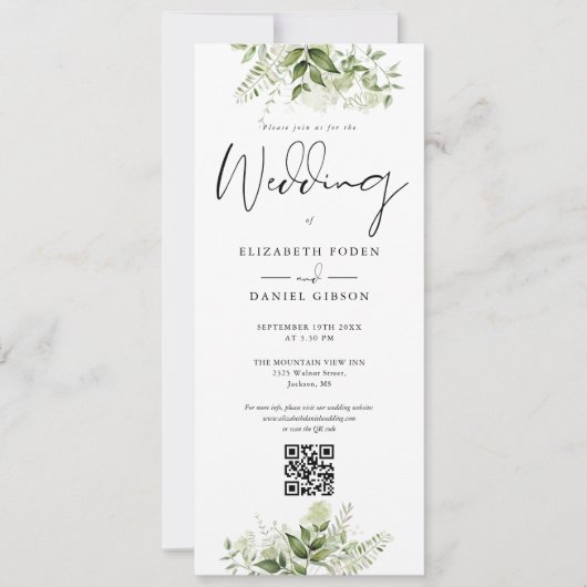 Groene Bloemige Monogram QR Code Trouwen Kaart (Voorkant)