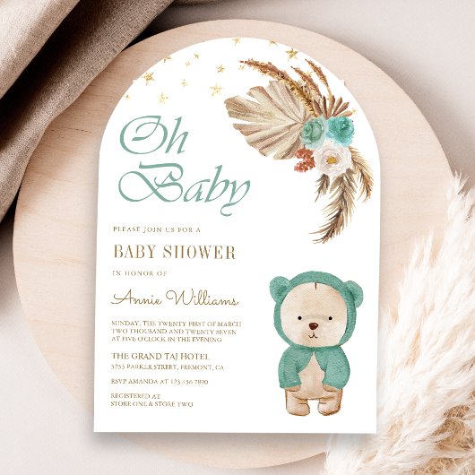 Groene Bloemige Pampas Teddybeer Boog Baby Shower Kaart