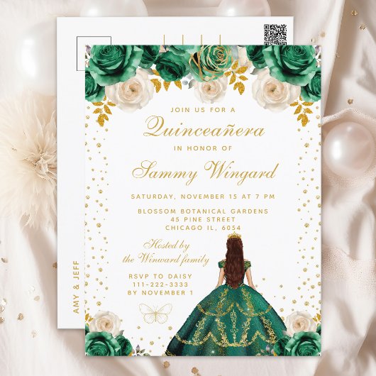 Groene Bloemige Princess Quinceañera Briefkaart