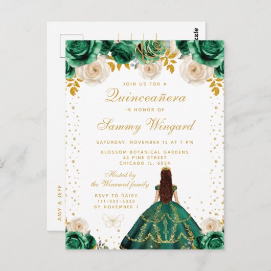 Groene Bloemige Princess Quinceañera Briefkaart (Voorkant / Achterkant)