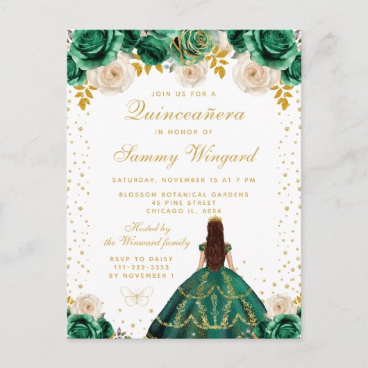Groene Bloemige Prinses Quinceañera Briefkaart (Voorkant)