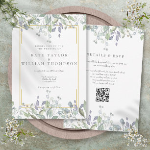 Groene Bloemige Salie Lila QR Code Bruiloft Kaart