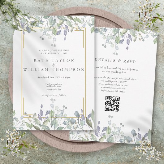 Groene Bloemige Salie Lila QR Code Bruiloft Kaart