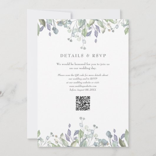 Groene Bloemige Salie Lilac QR Code Trouwen Kaart (Achterkant)