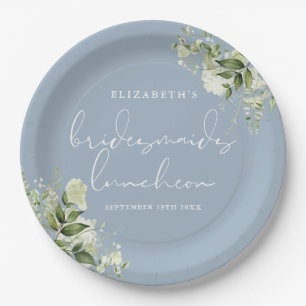 Groene Bloemige Stof Blauw Bruidsmeisjes Luncheon Papieren Bordje