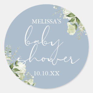 Groene Bloemige Stof Blauwe Jongen Baby Shower Fav Ronde Sticker