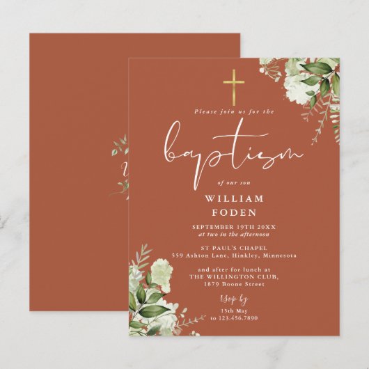 Groene Bloemige Terracotta Doop Uitnodiging (Voorkant / Achterkant)