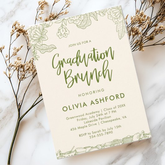 Groene Bloemige Trendy Brunch afstuderen Kaart