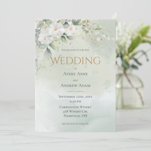 Groene Bloemige Waterverf Gouden Trouw Uitnodiging (Staand voorkant)