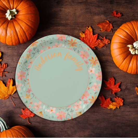 Groene bloemige waterverf oranje naam papieren bordje