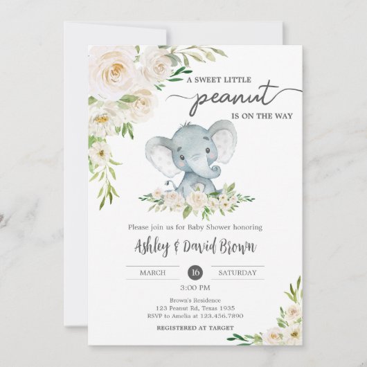 Groene Bloemige Witte Olifant Baby Shower Kaart (Voorkant)