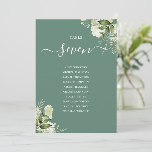 Groene bloemige zitplaatsplan tafelnummer van Euca (Staand voorkant)