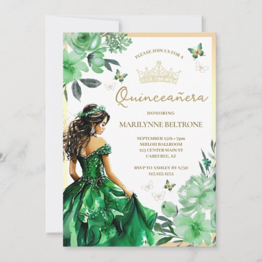 Groene Bloemjurk Butterfly Quinceañera Kaart (Voorkant)