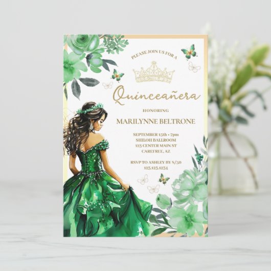 Groene Bloemjurk Butterfly Quinceañera Kaart (Staand voorkant)