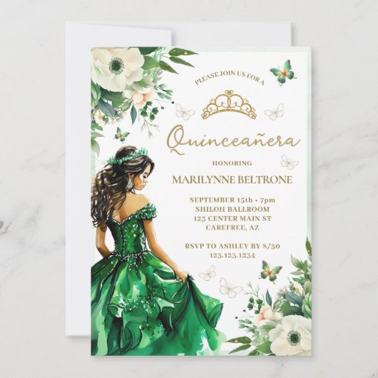Groene Bloemjurk Butterfly Quinceañera Kaart (Voorkant)