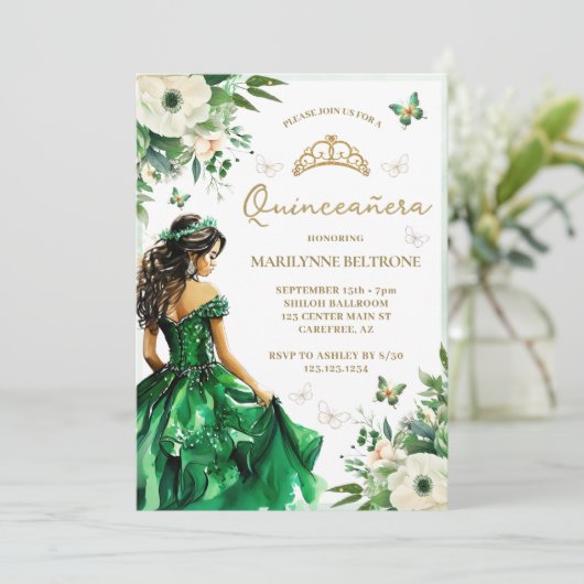 Groene Bloemjurk Butterfly Quinceañera Kaart (Staand voorkant)