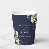 Groene Bloemrijke Elegante Navy Blauwe Trouw Papieren Bekers (Achterkant)