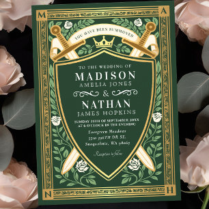 Groene Bloemrijke Fantasie Zwaard Schild Monogram Kaart