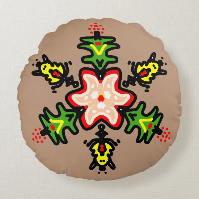 Groene Bloemrijke Mandala Rond Kussen (Voorkant)