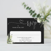 Groene Bloemrijke Script Hart Zwart en Wit RSVP Kaartje (Staand voorkant)