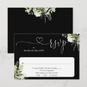 Groene Bloemrijke Script Hart Zwart en Wit RSVP Kaartje (Voorkant / Achterkant)