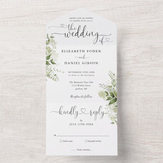 Groene Bloemrijke Script Harten Minimalistische Tr All In One Uitnodiging (Binnen)