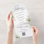 Groene Bloemrijke Script Harten QR Code Trouwen All In One Uitnodiging (Afscheurbaar)