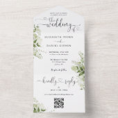 Groene Bloemrijke Script Harten QR Code Trouwen All In One Uitnodiging (Binnen)
