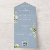 Groene Bloemrijke Script Stof Blauw QR Code Trouw All In One Uitnodiging (Binnen)
