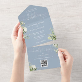Groene Bloemrijke Script Stof Blauw QR Code Trouw All In One Uitnodiging