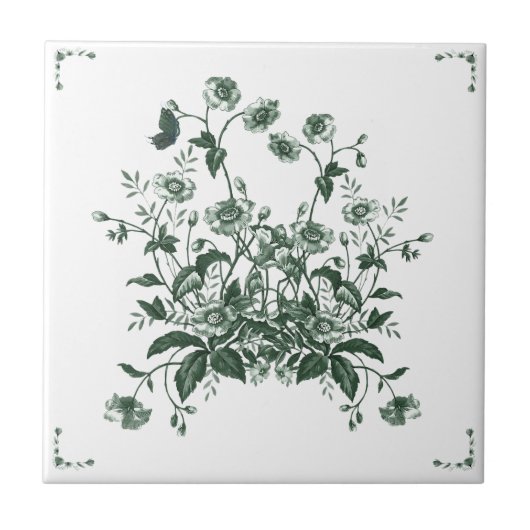 Groene Bloemstruik Toile Geïnspireerde Sierlijke T Tegeltje (Voorkant)